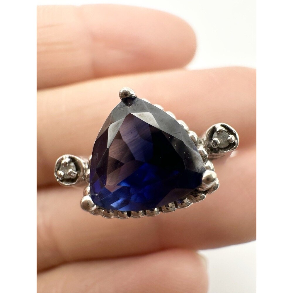 925 Sterling Silver Trillion Cut Blue Topaz Diamond Ring Size 6